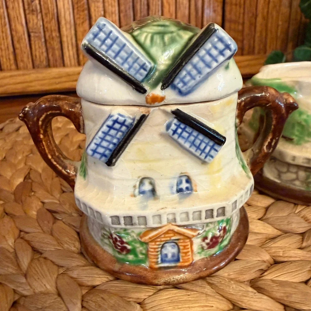 Vintage Dutch Windmill Ceramic Sugar Bowl and Creamer Set Japan Good 2pc